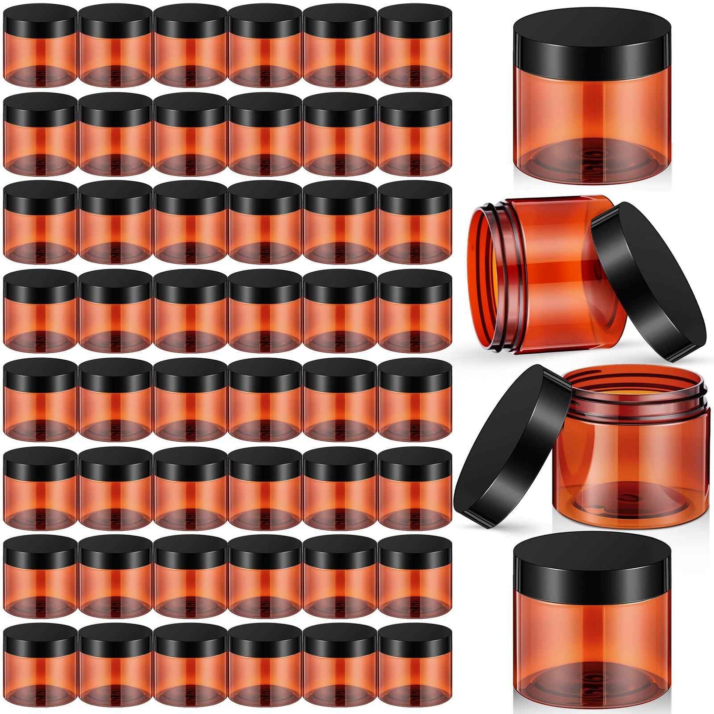 Patelai 48 Pack 2 oz Tawny Plastic Jars with Black Lids Empty Containers Round Plastic Jars Wide-mouth Refillable Storage Organizers for Cosmetics Lotions Butters Slime Making and Food Storage