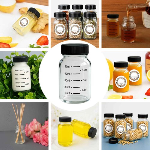 WERTIOO 16 Pack 2oz Glass Shot Bottles with Black Caps – Leakproof Wellness Shot Glass Bottles with ml & oz Scale – Mini Glass Jars with Lids for Juicing, Ginger Shots, Home & Party Favors