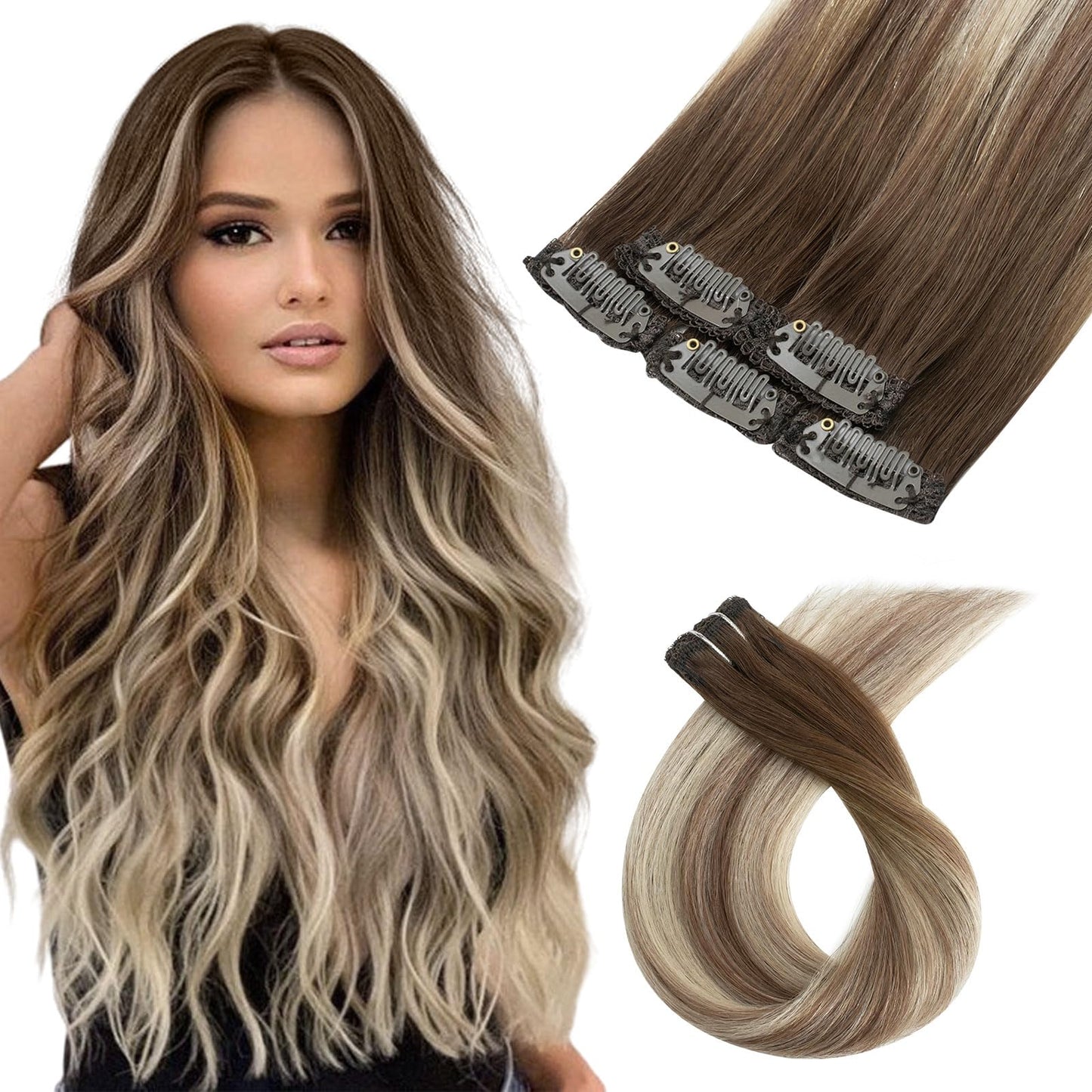 FUBILI Clip in Hair Extensions Walnut Brown to Ash Brown Mix Light Blonde Balayage Human Hair Extensions 100% Real Human Hair 14Inch 30g 5pcs