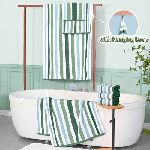 Green and White Washcloths (6PC, 13"x13") - 100% Cotton, Quick Dry, Thick&Absorb, Soft Washcloths for Bathroom & Showering, Striped Wash Cloths for Face & Body, Green Stripe and White Waffle/Checkered