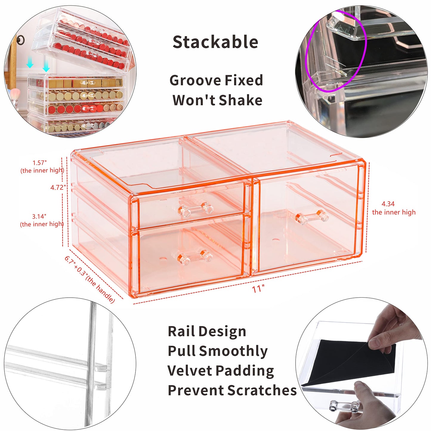 Cq acrylic 1 Pack Clear Desk Organizer With Drawers,Stackable 2 Drawers Skincare Organizer,Cute Skin Care Organizer for Vanity Hair Clip,Jewelry,Beauty Product Desk and Makeup Organizer Countertop