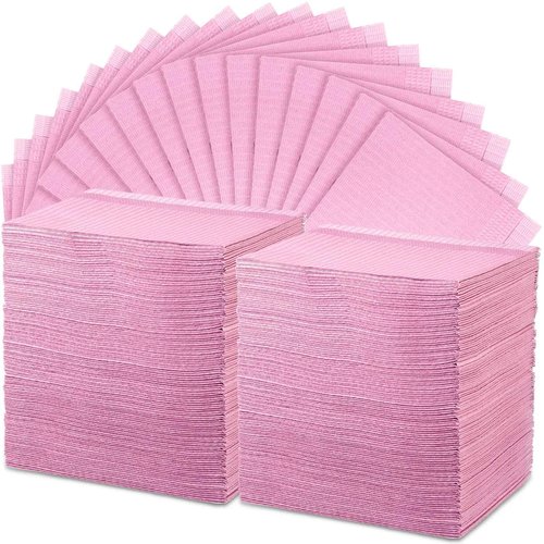 Newwiee 250 Pcs Disposable Nail Table Towels Mat, 13'' x 18'' Patient Bibs 3 Ply Waterproof Tattoo Bibs Nail Towels Paper Tray Covers Clean Pads Tattoo Supplies (Pink)