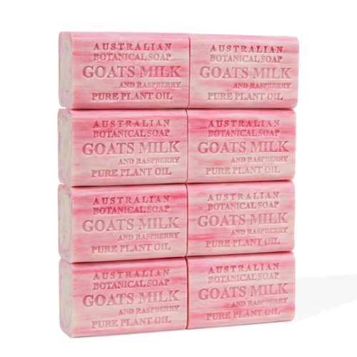 Australian Botanical Goats Milk Soap and Raspberry, 6.6 OZ, Triple Milled Bars made with a Natural Soap Base and Enriched with Organic African Shea Butter, Pack of 8