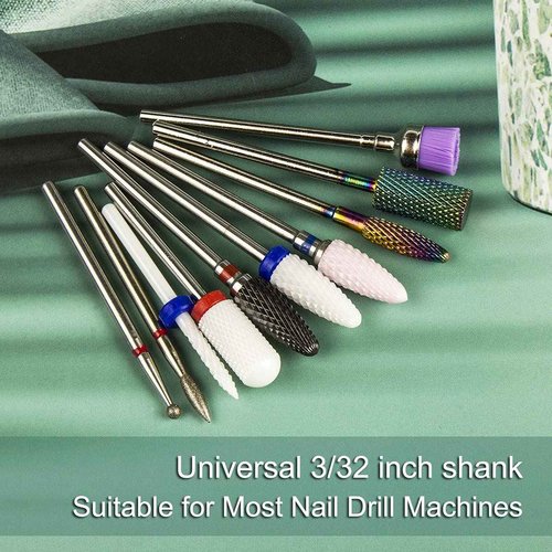 Nail Drill Bits Set for Acrylic Nails 3/32 Universal Ceramic Tungsten Carbide Diamond Nail Bits for Gel Polish Removing Cuticle Professional Nail Art Accessories for Efile Drill Machine (S10-A)