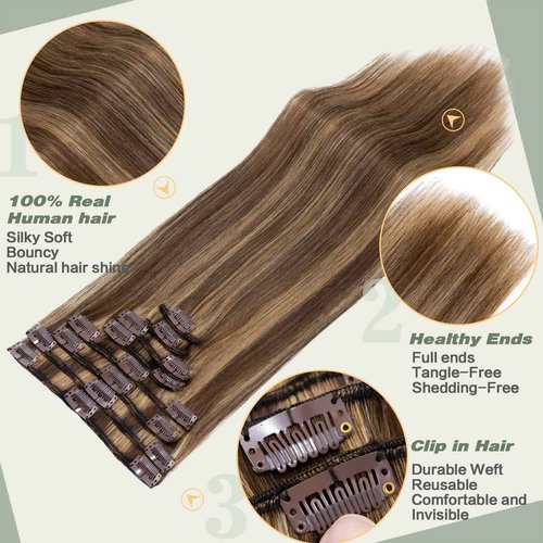 S-noilite Clip in Hair Extensions Human Hair Balayage Standard Weft Short Blonde Hair 100% Real Human Hair 8 Pieces 18 Clips Straight 10"-75g (#4/27 Medium Brown/Dark Blonde)