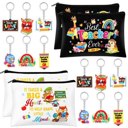 HOWAF 16 Pcs Teachers Appreciation Gift Set, 4pcs Thank You Teacher Makeup Cosmetic Bags 12pcs Teacher’s Key Chain for Graduation End of Year Gift for Teacher Women, Teacher’s Day Gift Set