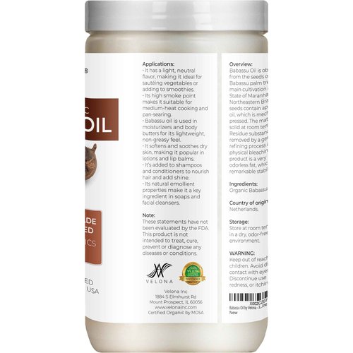 velona Babassu Oil USDA Certified Organic - 32 Fl Oz | 100% Pure and Natural Carrier Oil | Refined, Cold Pressed | Face, Hair, Body & Skin Care and Cooking | Use Today - Enjoy Results