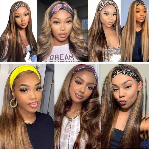 Celiarita Ombre Highlight Headband Wig Human Hair Straight 14 inch None Lace Front Machine Machine Made Headband Wigs Human Hair Blonde Colored Wig Natural Hairline Half Wigs for Black Women