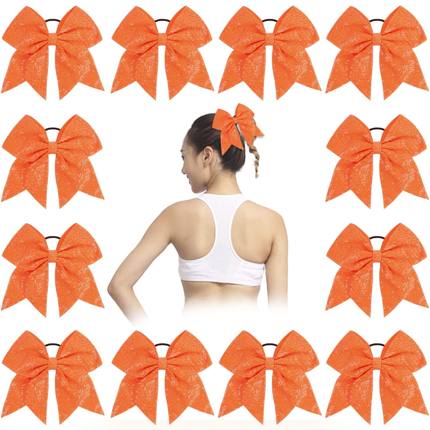 Oaoleer 12PCS 7" Large Glitter Cheer Hair Bows Ponytail Holder Elastic Band Handmade for Cheerleading Teen Girls College Sports (Sequin Orange 12PCS)