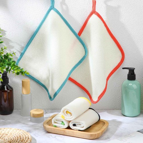 Tatuo 5 Pcs Exfoliating Face and Body Wash Cloths Towel Weave Bath Exfoliating Scrub Massage Bath Cloth for Women and Men, 10.63 x 9.05 Inch(Black Green Orange Blue Yellow Edge)