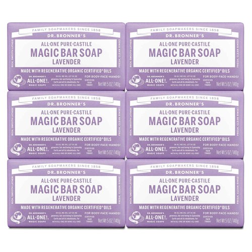 Dr. Bronner's Pure-Castile Magic Soap Bars (Lavender, 5 oz, 6-Pack)- Bath Soap with Regenerative Organic Certified Oils- For Face, Body & Hair - Gentle, Biodegradable, Vegan- Bar Soaps for Men & Women