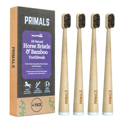 PRIMALS Horse Bristle & Bamboo Toothbrush (4-Pack) - Luxurious & Soft Horse Bristles - Fully Biodegradable - Plastic & Nylon Free - Quick Dry Design