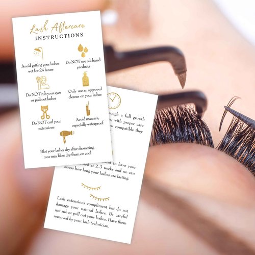 Lash Extension Aftercare Instructions Cards | 50 Pack | Size 3.5x2" inches After Care (2-3 Week Fillers) | White with Gold Icons Design