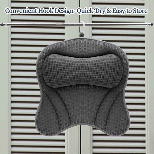 Bath Pillow Bathtub Pillow with Neck and Back Support, 6 Non-Slip Suction Cups and Soft Breathable Mesh Material Bath Pillows for Tub, Quick -Dry and Gray