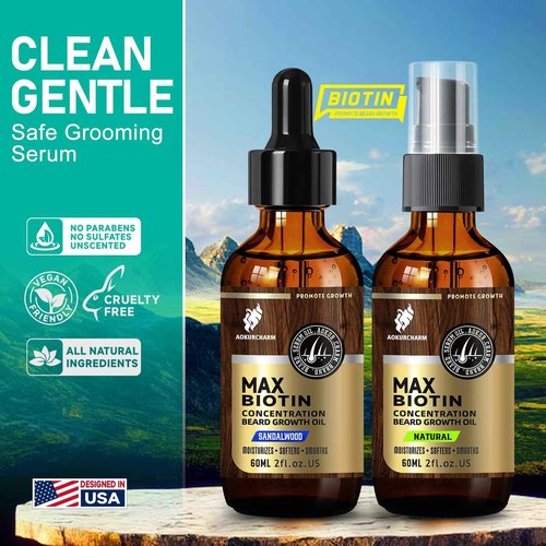 aokur 2 Pack Beard Growth Oil for Men – Sandalwood & Unscented – High Strength Biotin Serum – Softens, Strengthens & Boosts Beard Growth – Gift Set for Father’s Day, Anniversaries & Christmas