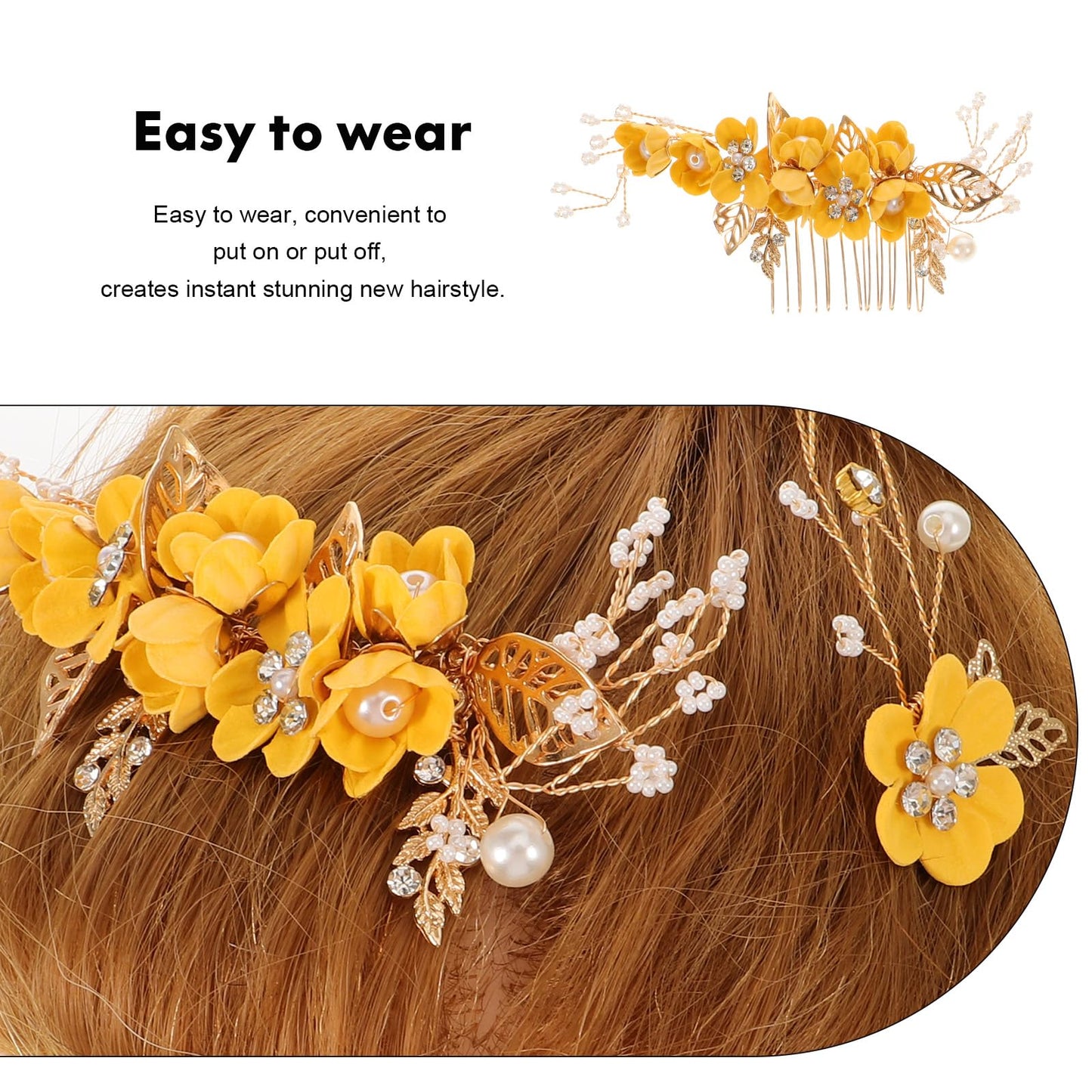 FOMIYES 1 Set Flower Bridal Hair Comb Pearl Hair Clip Wedding Hair Accessories Floral Leaf Headwear for Women Girls Brides Bridesmaids (Yellow)