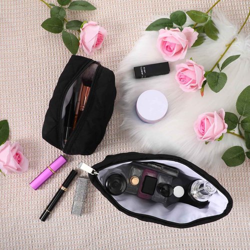 Huhumy 2 Pc Christmas Gift Makeup Bag Set Cute Quilted Cosmetic Pouch for Women Travel Toiletry Bag Preppy Small Makeup Purse Pouch Skincare Brushes Storage Organizer Pencil Case Set(Black)