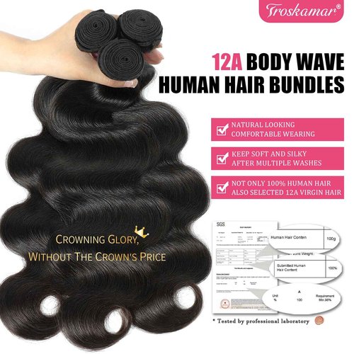 Troskamar Human Hair Bundles 22 Inch Body Wave Bundles Human Hair 100% Unprocessed 12A Brazilian Raw Virgin Hair Single One Bundle Real Human Hair Extensions Natural Color