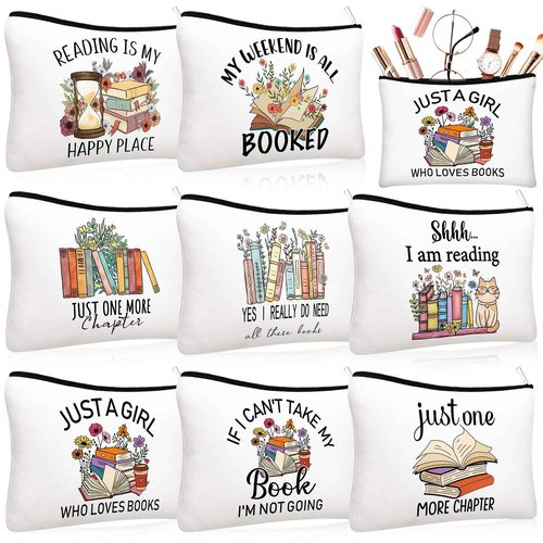 Cosblank 8 Pcs Book Club Gifts Book Lovers Makeup Bag Gifts for Women Cosmetic Bag with Zipper Pouch for Teen Adult Women Lovers Librarian Bookish Club Gifts(Book,Flower)