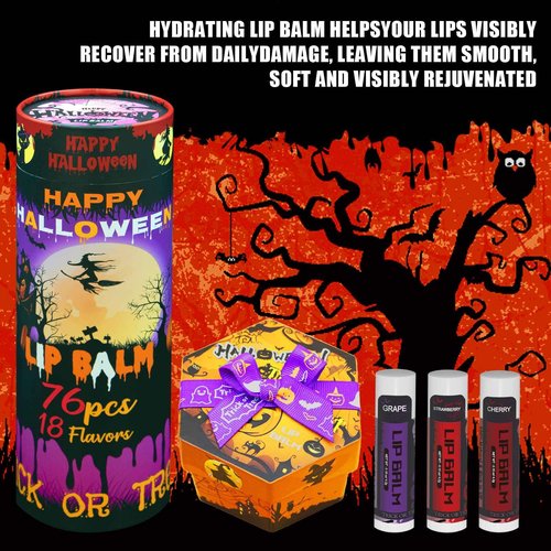 Yopela 76 Pack Halloween Natural Lip Balm Bulk with Vitamin E and Coconut Oil Lip Care Set - Moisturizing, Soothing, and Repairing Dry and Chapped Lips - 18 Flavors - Non-GMO