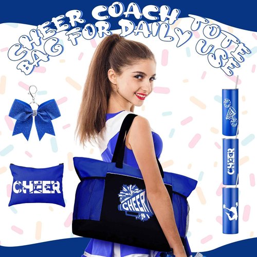 Patelai 4 Pcs Cheerleader Gifts Set Cheer Tote Bag 20 oz Tumbler Makeup Bag Keychain Stuff Accessories for Cheerleader(Blue,Cheer)