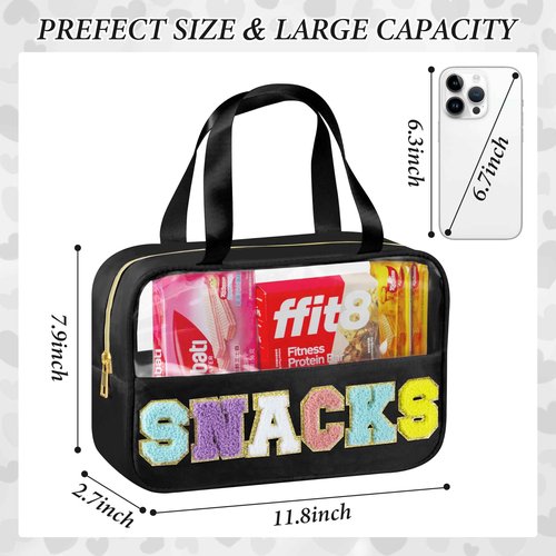 Snack Bag for Travel, Chenille Letter Clear Makeup Bag, 11.8" x 7.9" Nylon & PVC Waterproof Cosmetic Pouch with Handle and Zipper, Cute Preppy Storage Organizer Pouches for Women Girls (Black)
