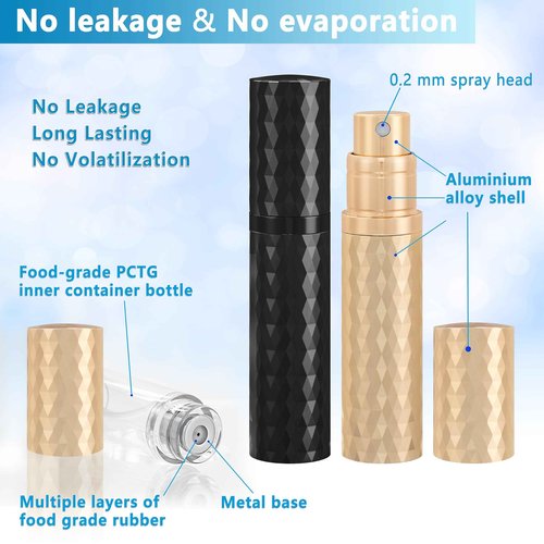 Qavhun Travel Perfume Atomizer Bottle Refillable - 2-Pack 5ml Leakproof Fragrances Perfume Atomizer, Portable Perfume Sprayer, Perfume Refillable Bottle for Traveling (Black & Gold)