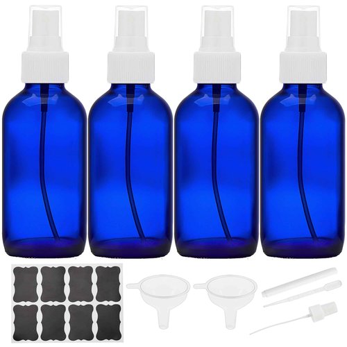 Bastelica Cobalt Blue Glass Spray Bottles 4 oz, Small Empty Spray Bottles for Essential Oils, Fine Mist for Face, Hair, Plants, Travel, Perfumes, Cleaning Solutions - 4 Pack