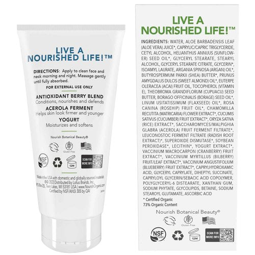Nourish Organic Face Cream, Bilberry & Arctic Berries – Age Defense Formula with Aloe Vera & Borage Oil, 1.7 Oz + Washable Cotton Round
