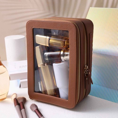 SANHECUN Clear Travel Toiletry bag Toiletry Case Carry on Travel Accessories Bag Makeup Bag Dimensions | LxWxH:9” x 6” x 4.2” (Brown, SHC-TL-2)