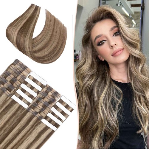 Benehair Tape in Human Hair Extensions, 12 inch Straight Invisible Tape Extensions Remy Blonde Hair Extensions 10pcs 20g Medium Brown Mix Dark Blonde 4p27