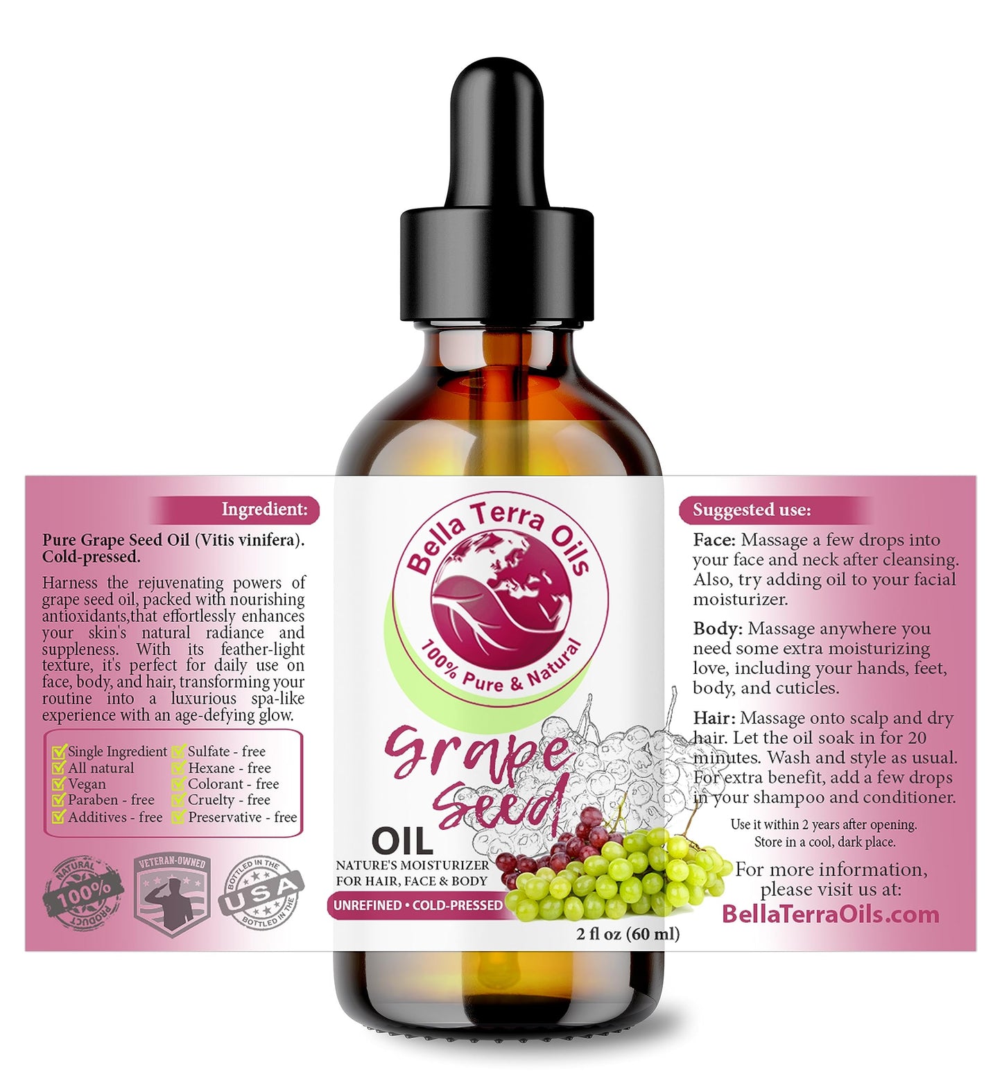 Bella Terra Oils - Organic Grape Seed Oil 2oz - A Symphony of Vitamins & Fatty Acids, Cold-Pressed, Unveiling Organic Grape's Skin-Enriching Secrets