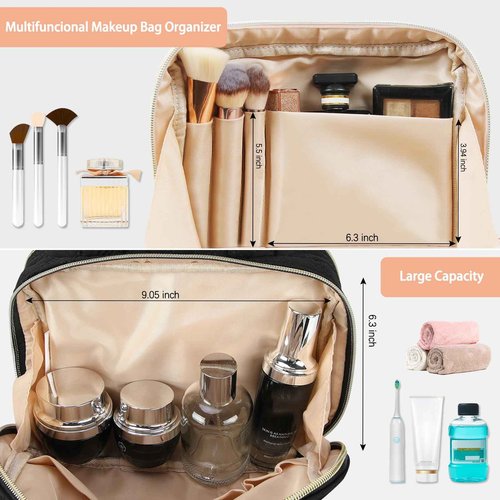 RAINSMORE Travel Makeup Bag Large Capacity Cosmetic Bag Waterproof Makeup Organizer Bag Wide Open Makeup Pouch with Handle Toiletry Bag Make Up Bag for Women Girl Black