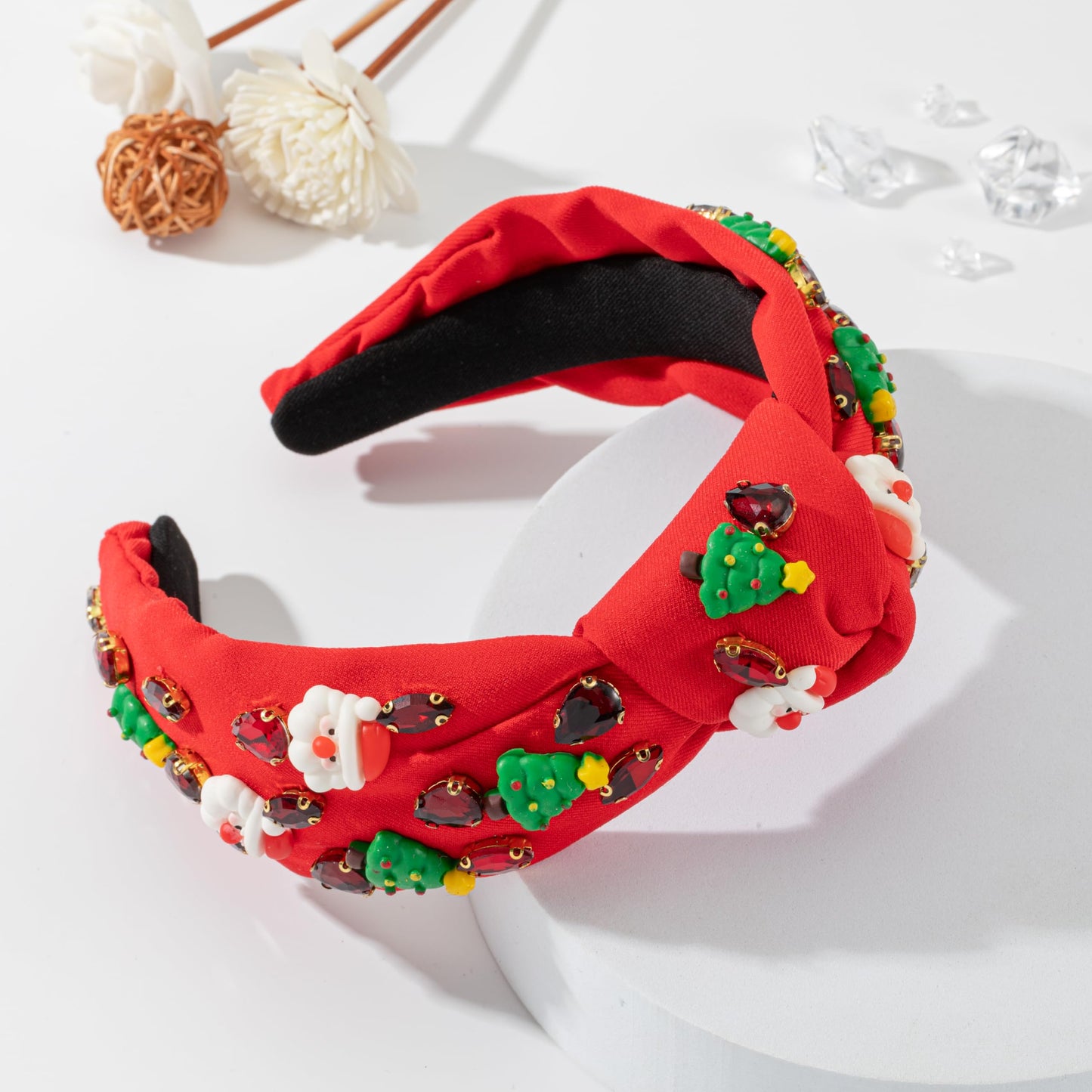 Mixcbe Christmas Jeweled Headband for Women Red Crystal Xmas Tree Santa Embellished Knotted Hairband ladies Twist Wide Red Hair Band(Christmas red-Tree Santa)