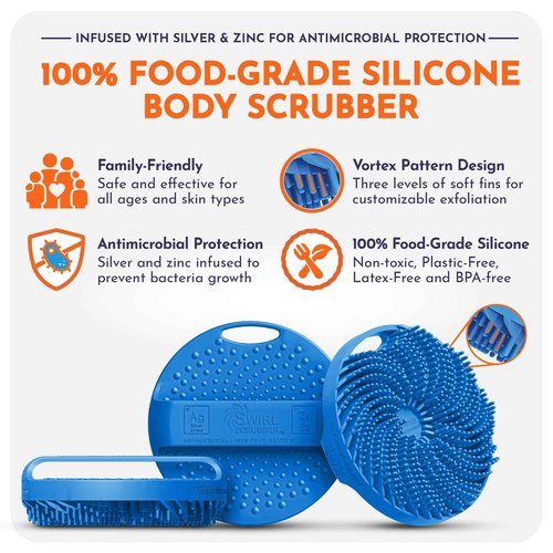 Swirl Scrubber: Antimicrobial Silicone Body Scrubber - Blue - Shower Hanger & Sticker, Lymphatic Support, Deep Exfoliation-Cleansing, Family Hygiene