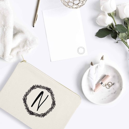 The Cotton & Canvas Co. Personalized Wreath Monogram Initial N Cosmetic Bag and Travel Make Up Pouch