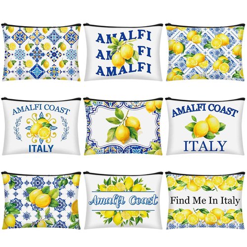 Sunnymove 9 Pcs Amalfi Coast Cosmetic Bag Italy Lemons Canvas Makeup Bags Romantic Lemon Themed Travel Pouch Souvenir Gift for Women Girls Bachelorette Friend Birthday