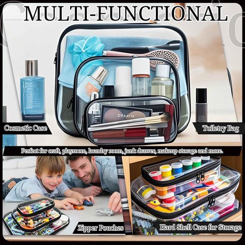 YOQIVEXU 3 Pcs Clear Hard Zipper Case, Hard Shell Plastic Clear Organizer Bag, Transparent Makeup Pouches, Portable Box for Travel Toiletries, Toy Storage Bins (Black, Multi)