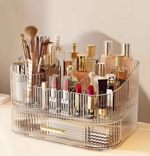 SpaceLuxe Makeup Organizer with Drawers and 360° Rotating Brush Holder, Large Capacity Cosmetic Storage for Vanity, Skincare, Perfume, Hair Accessories, Lipstick & Jewelry (Clear, 2-layer)