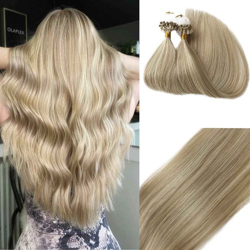 Real Human Hair Microbead Extensions 20 Inch Micro Ring Color #18 Ash Blonde With #60 Platinum Blonde Highlights 50g/50s Remy Straight