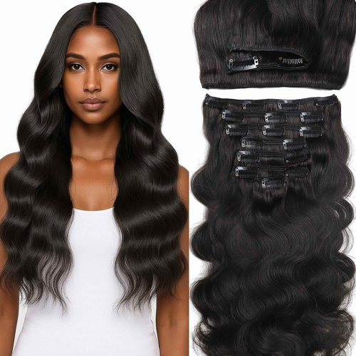 Lacer Body Wave Clip in Hair Extensions, 7 Pcs 120g Wavy Clip in Extensions for Women Grade Brazilian Virgin Human Hair Natural Black 18 Inch