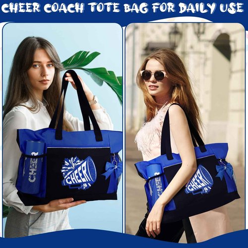 Patelai 4 Pcs Cheerleader Gifts Set Cheer Tote Bag 20 oz Tumbler Makeup Bag Keychain Stuff Accessories for Cheerleader(Blue,Cheer)