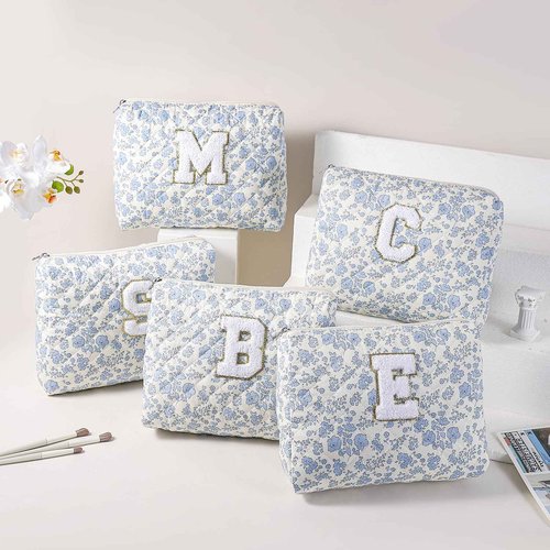 WHHJM Alphabet Makeup Bag Cosmetic Bag for Women, Christmas Gifts for Age 11-18, Personalized Floral Coquette Travel Bag, Trendy Stuff Zipper Make Up Pouch Organizer Bag (Blue Floral M)