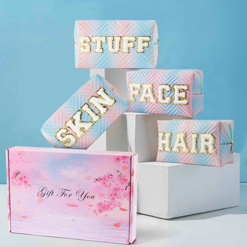 Y1tvei 4Pcs Preppy Patch Hair Skin Face Stuff Blue Pink Gradient Makeup Bag Set Chenille Letter Pouch Cute Patch Fantasy Cosmetic Bag Waterproof Travel Toiletry Bag Carry On Zipper Organizer for Women