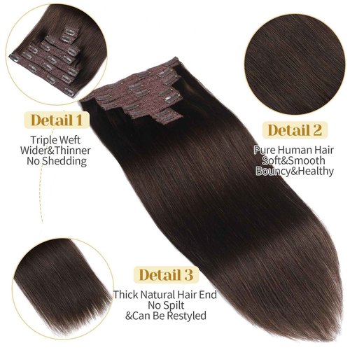 Mocona Clip in Hair Extensions Real Human Hair, Dark Brown – 16 Inch 7pcs 70g/Pack, Soft Hair Extensions Real Human Hair Clip ins Straight Suitable for all Hair Types (#2 16 Inch)