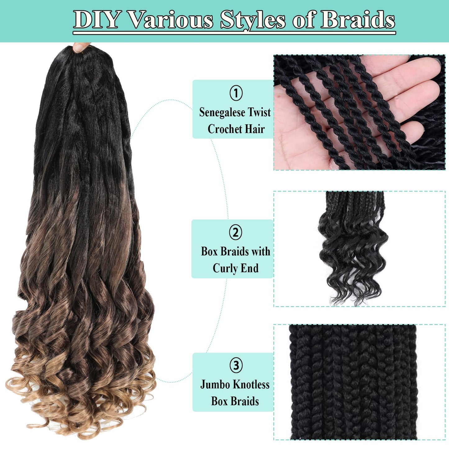 French Curly Braiding Hair 8packs 16inch Ombre Pre Stretched Curly Braiding Hair for Crochet Box Braids Pre Looped with Curly Ends Bounce Curl Loose Wave Crochet Braids for Black Women