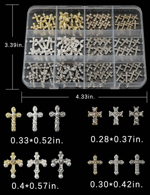 OPMADM 120 Pcs 3D Cross Nail Charms 12 Grids Metal Nail Art Charms White Gold Silver Gold Cross Charms for Nails