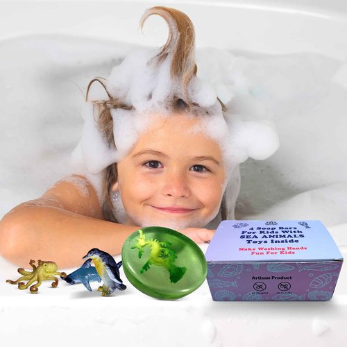 4 Natural Kids Soap Bars For Kids with SEA ANIMALS TOYS Inside for Hand, Face, and Body Wash - Natural Soaps with Surprise Packed in a Gift Box - MADE IN USA