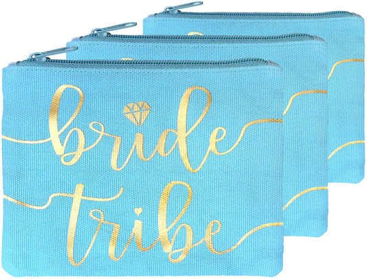 Bride Tribe Makeup Bags - Bridesmaid Favor for Bachelorette Party, Bridal Shower, Wedding. Cosmetics/Toiletries Bag, Wedding Survival Kit, Hangover Kit, Keepsake (3pc Bride Tribe, Blue)