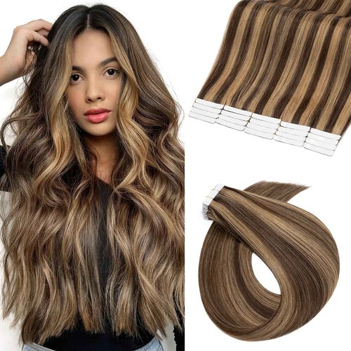 Benehair Remy Tape in Hair Extensions Human Hair Medium Brown&Dark Blonde Seamless Skin Weft Tape in Real Human Hair Extensions Straight Hair 12 Inch 40g #4P27 20 pcs